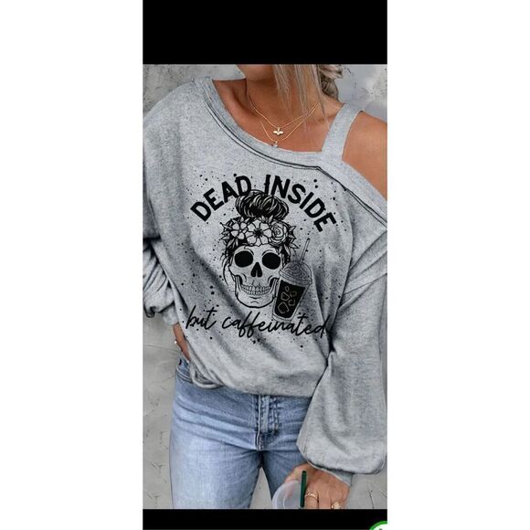 Cold shoulder cute skeleton, bandanna, dead inside long sleeve top. - Picture 1 of 6